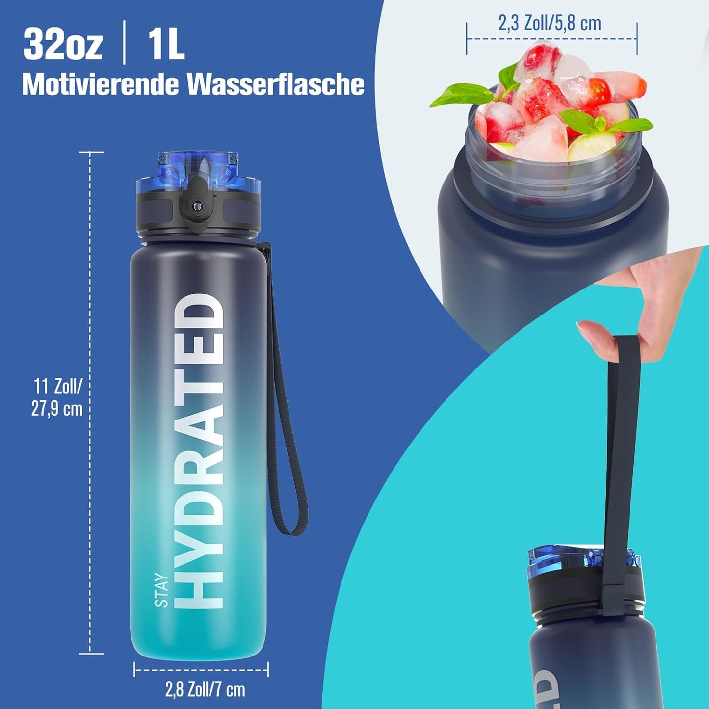 Sahara Sailor Trinkflasche, Bpa-Frei Tritan, 1L/500ML/750ML Auslaufsicher Trinkflasche Mit Zeitmarkierung Für Gym, Sport, Outdoor, Schule, Job
