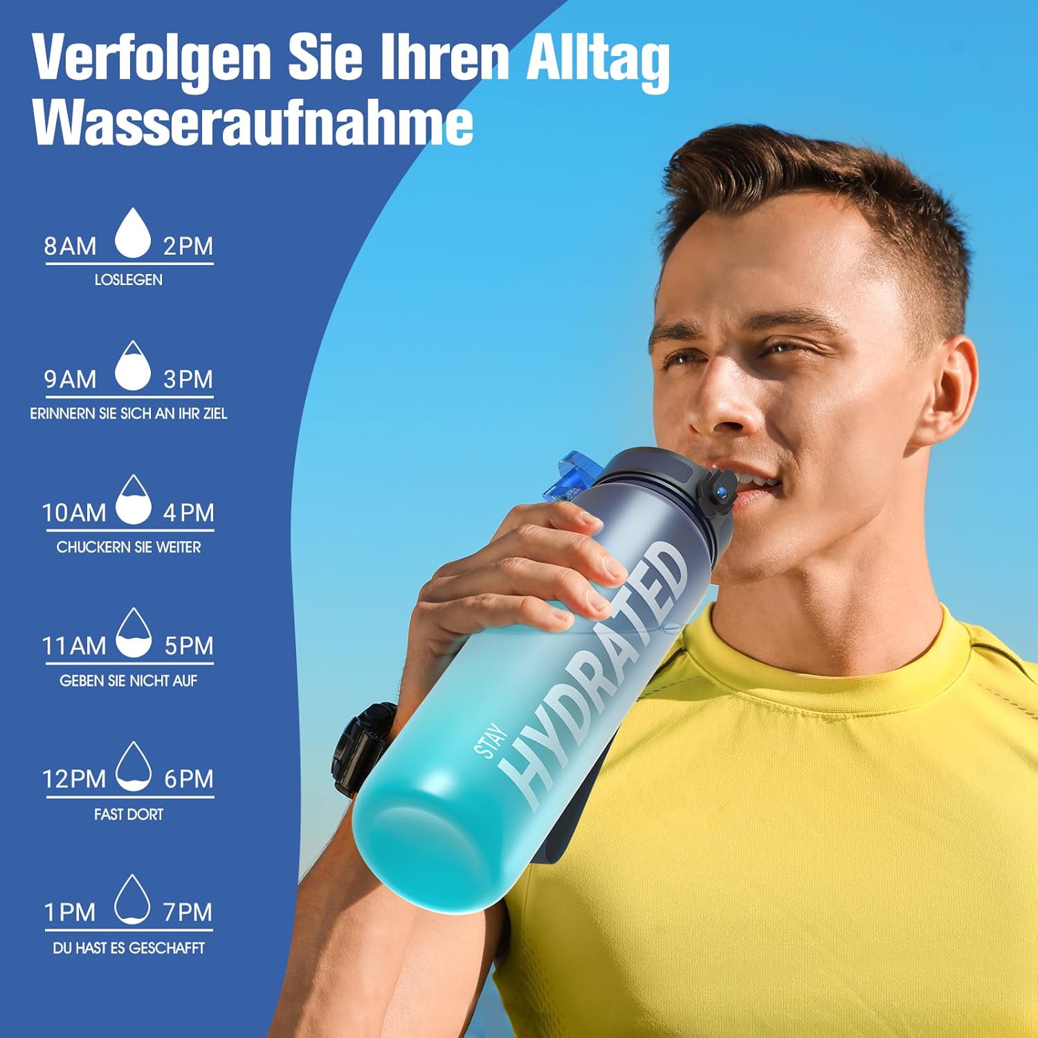 Sahara Sailor Trinkflasche, Bpa-Frei Tritan, 1L/500ML/750ML Auslaufsicher Trinkflasche Mit Zeitmarkierung Für Gym, Sport, Outdoor, Schule, Job