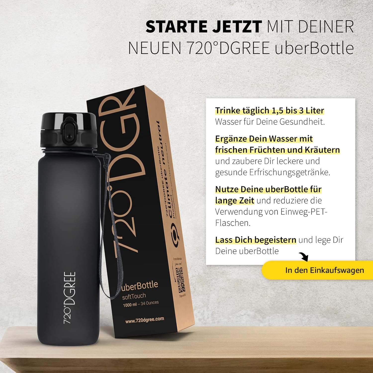 720°DGREE Trinkflasche 1L Sport “Uberbottle“ Softtouch +Sieb - Bpa-Frei - Wasserflasche Für Uni, Arbeit, Fitness, Fahrrad, Outdoor, Job - Sportflasche Aus Tritan - Leicht, Stoßfest, Wiederverwendbar