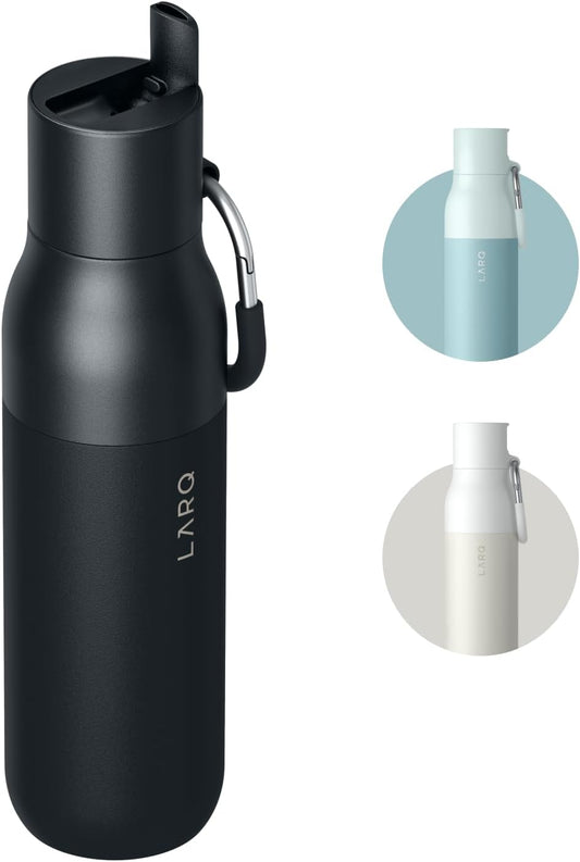 LARQ Flip Top 500Ml – Isolierte Edelstahl-Thermoflasche Mit Doppelwandige Isolierung | Klappdeckel Mit Strohhalm | Silikonbeschichteter Karabiner | Bpa-Frei, Obsidian Black